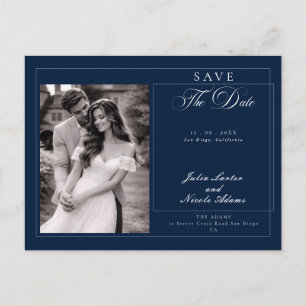 Klassische Blaue Kalligrafie Foto Save The Date Postkarte