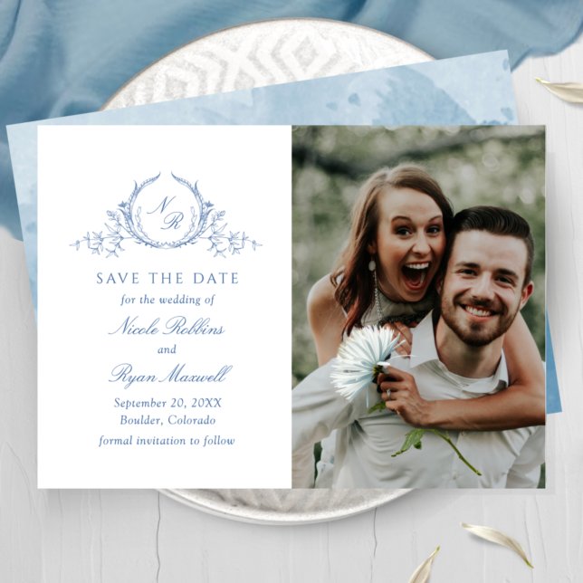 Klassische, blaue Monogramm-Hochzeit mit Foto spei Save The Date (Von Creator hochgeladen)