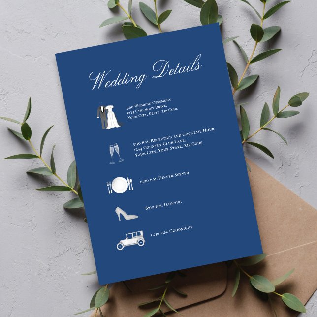 Klassische Blaue QR-Code-Hochzeitsdetailskarte Begleitkarte (Easy RSVP with QR code—clean, modern back design for wedding website access.)