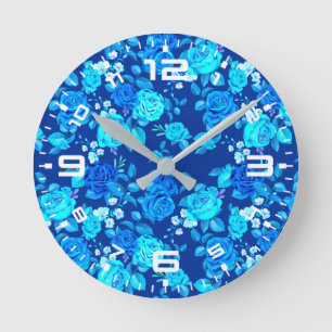 Klassische Blaue Rose Blume Muster-876 Runde Wanduhr