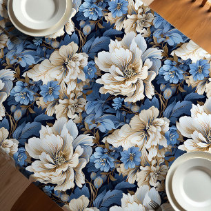 Klassische blaue weiße Elfenbein Blumen Tischdecke