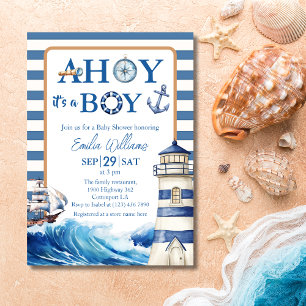Klassische Blaue Weiße Nautilische Segelboot-Baby- Einladung