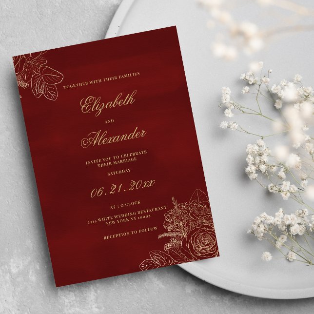 Klassische Blume in Bordeaux Einladung (Classic elegant burgundy gold foil flowers wedding)