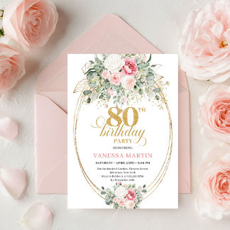 Klassische Blush-Rosen Grün Gold 80. Geburtstag Einladung
