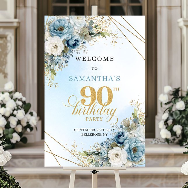 Klassische boho blaue Blumen Eukalyptus 90. Geburt Poster (Classic boho blue florals eucalyptus 90th birthday sign

)
