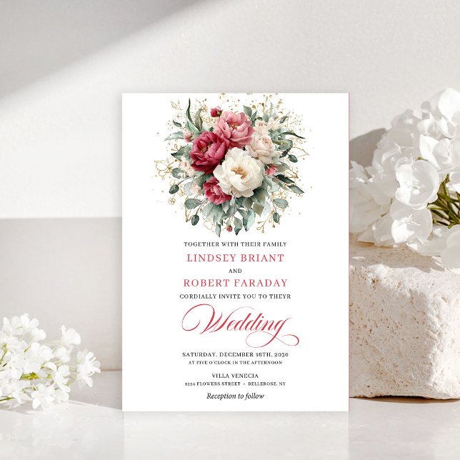 Klassische Boho-Karmesinrote-Rosé-Grün-Einladung Einladung (Classic Boho Crimson Red Blush Greenery Invitation)