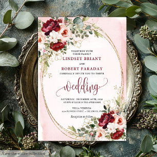 Klassische Boho Merlot Gold Florale Hochzeits-Einl Einladung