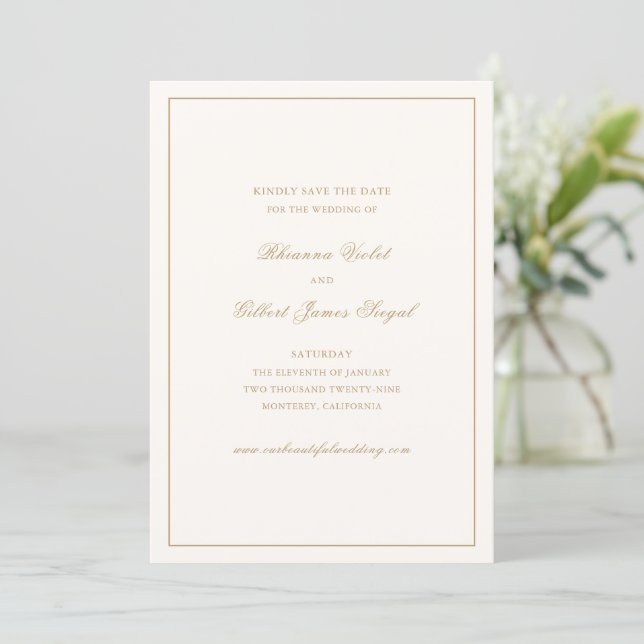 Klassische Border Elfenbein und Gold zeitlose Hoch Save The Date (Stehend Vorderseite)