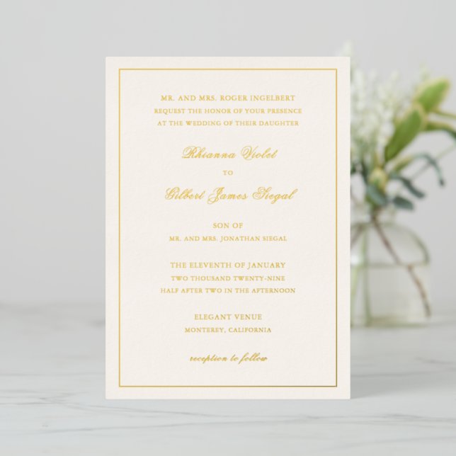Klassische Border Elfenbein Zeitlose Hochzeit Folieneinladung (Stehend vorne)