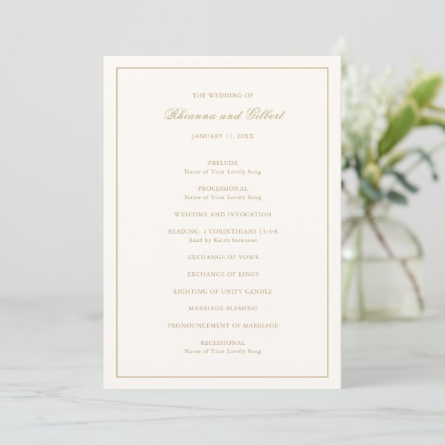 Klassische Border Ivory und Gold zeitlose Hochzeit Programm (Stehend Vorderseite)