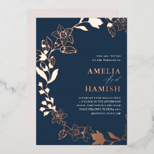 Klassische botanische Rose Gold & Blue Wedding Folieneinladung