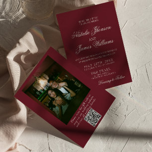 Klassische Burgunder-Old-Money-QR-Code-Foto-Hochze Einladung