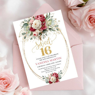 Klassische burgunderrote Blumen - Sweet Sixteen Ei Einladung
