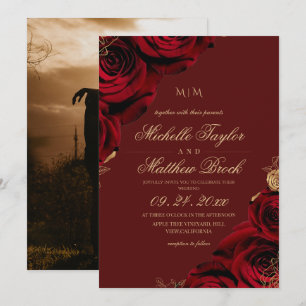 Klassische Burgunderrote Rosenhochzeit Einladung