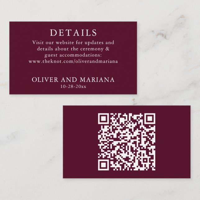 Klassische Burgundy Details QR Code Hochzeit Begleitkarte (Vorne/Hinten)
