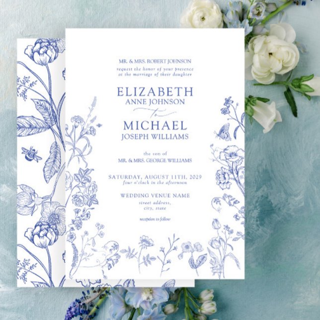 Klassische Chinoiserie Blaue Viktorianische Blumen Einladung (Easy to personalize formal classic blue Chinoiserie French toil wedding invitation.
)