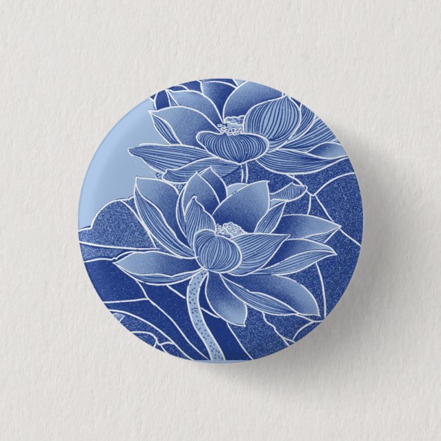 Klassische Chinoiserie Chic Blue Lotus Blume Button (Vorderseite)