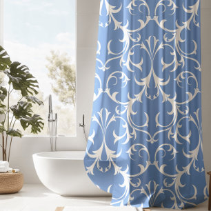 Klassische Cornflower Blue & White Damask Floral Duschvorhang