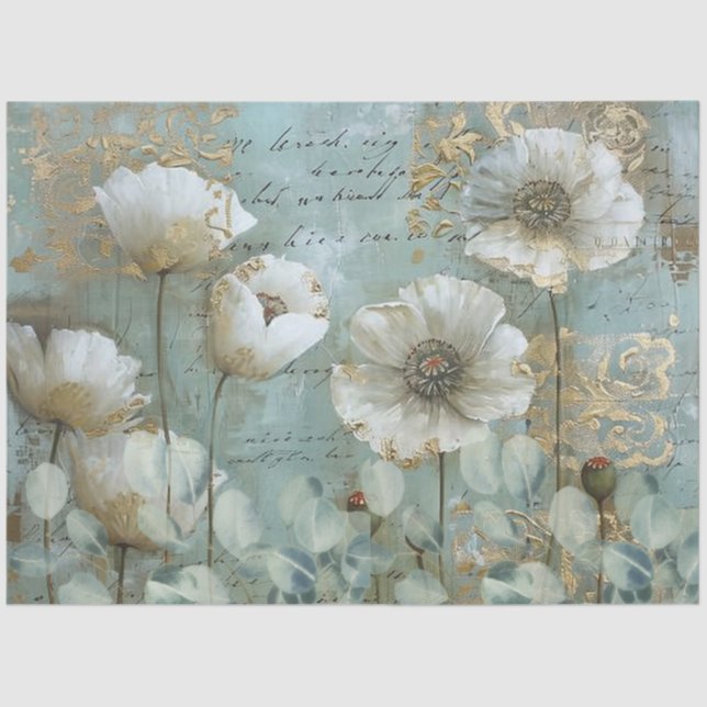Klassische Country Chic White Poppies & Eukalyptus Seidenpapier (Vorderseite)