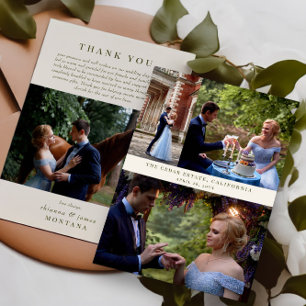 Klassische Creme-Olivgrüne Foto-Collage-Hochzeit Dankeskarte