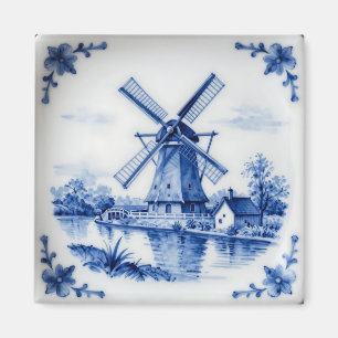Klassische Delfter Blau-Windmühlen-Kanal-Szene Magnet