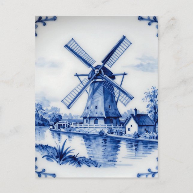 Klassische Delfter Blau-Windmühlen-Kanalszene Postkarte (Vorderseite)