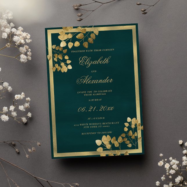 Klassische dunkelgrüne goldene Eukalyptus-Hochzeit Einladung (Classic dark green gold eucalyptus elegant wedding)