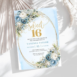 Klassische Dusty Blue Blumen Sweet 16. Geburtstag Einladung