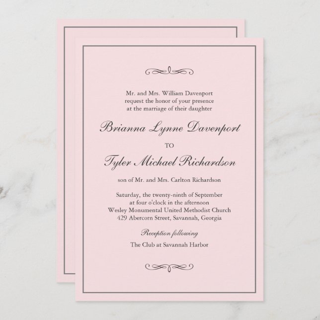 Klassische Elegance Blush Pink Wedding Einladung (Vorne/Hinten)