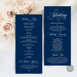 Klassische Elegance Navy Blue Script Hochzeitsfeie Programm