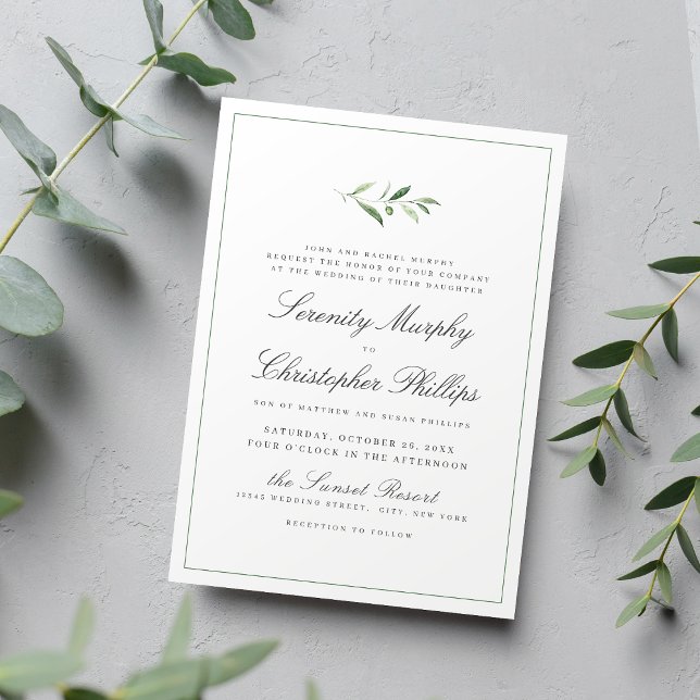 Klassische Elegance Script Einfache Hochzeit im Gr Einladung (Classic Elegance Script Simple Greenery Wedding Invitation)