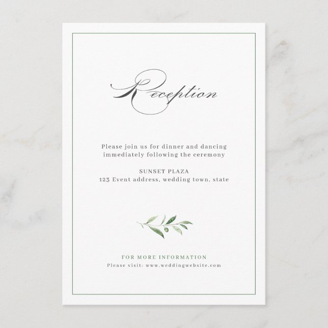 Klassische Elegance Script Greenery Hochzeitsempfa Begleitkarte (Vorderseite)