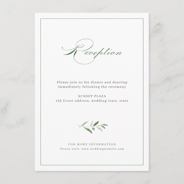 Klassische Elegance Script Greenery Hochzeitsempfa Begleitkarte (Vorderseite)
