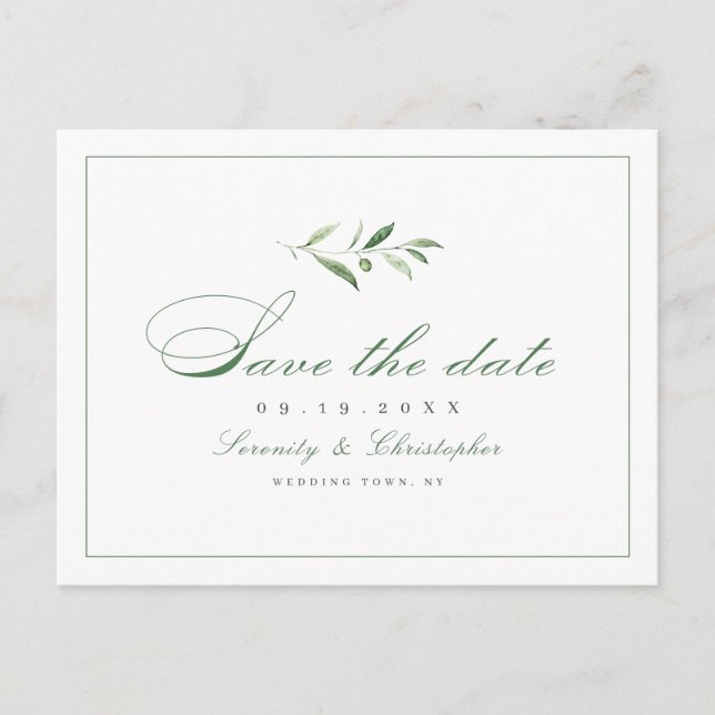 Klassische Elegance Script Greenery Save the Date Ankündigungspostkarte (Vorderseite)