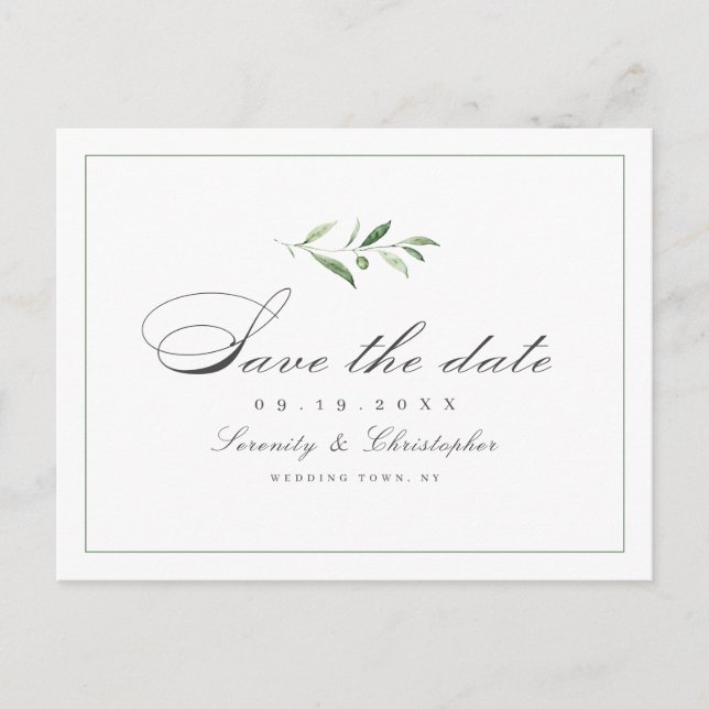 Klassische Elegance Script Greenery Save the Date  Ankündigungspostkarte (Vorderseite)