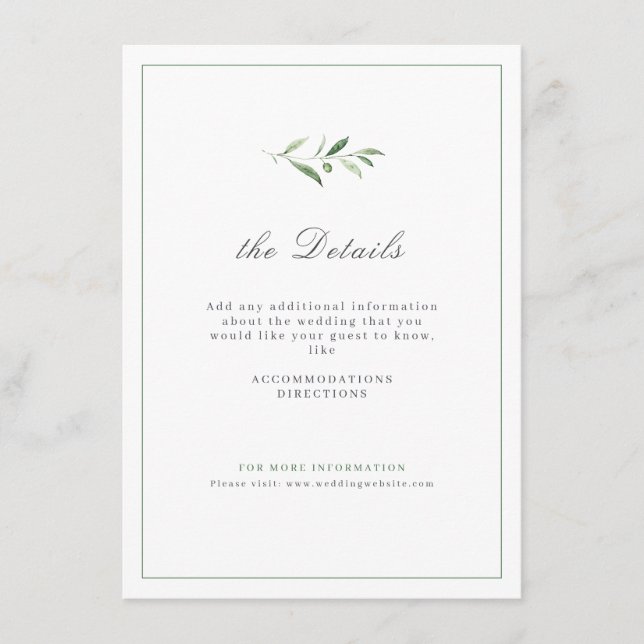 Klassische Elegance Script Greenery Wedding Detail Begleitkarte (Vorderseite)