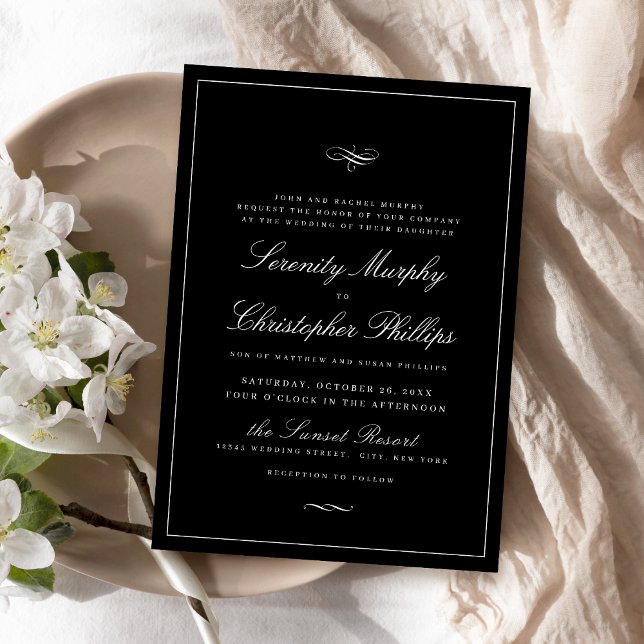 Klassische Elegance Script Schwarz und Weiß Hochze Einladung (Classic Elegance Script Black And White Wedding Invitation)