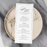 Klassische Elegance Script Simple Wedding Menükarte<br><div class="desc">Diese elegante Menükarte bietet klassische Schrift und einen dünnen Rahmen in Schwarz und Weiß,  einfach und stilvoll,  ideal für klassische Hochzeiten,  Vintage Hochzeit,  formelle Hochzeit und andere Feierlichkeiten. Alle passenden Teile in der Sammlung anzeigen</div>