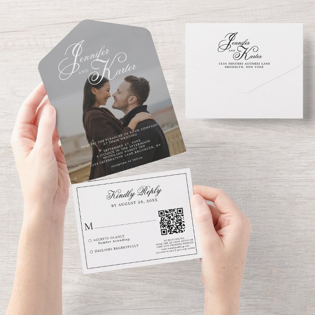 Klassische Elegant Calligraphy QR Code Foto Weddin All In One Einladung (Von Creator hochgeladen)