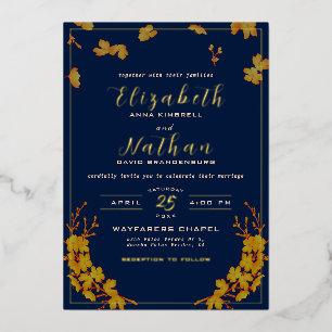 Klassische Elegant Gold Floral Navy Blue Wedding Folieneinladung