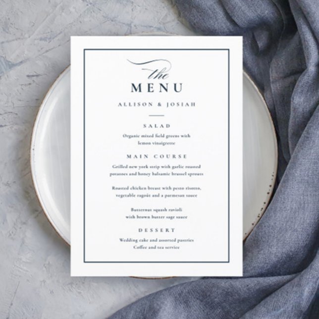 Klassische Elegant Navy Blue und White Wedding Menükarte (Elegant Navy Blue and White Wedding Menu.)