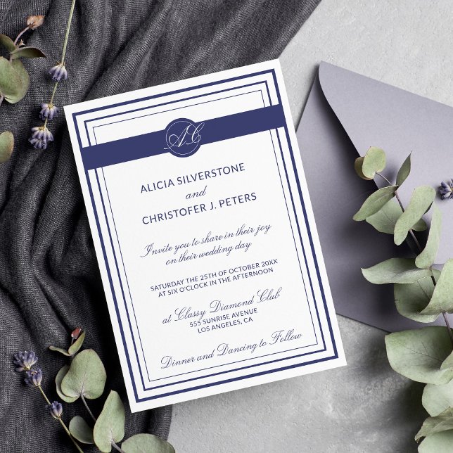 Klassische Elegant Navy White Mit Monogramm Weddin Einladung (Von Creator hochgeladen)