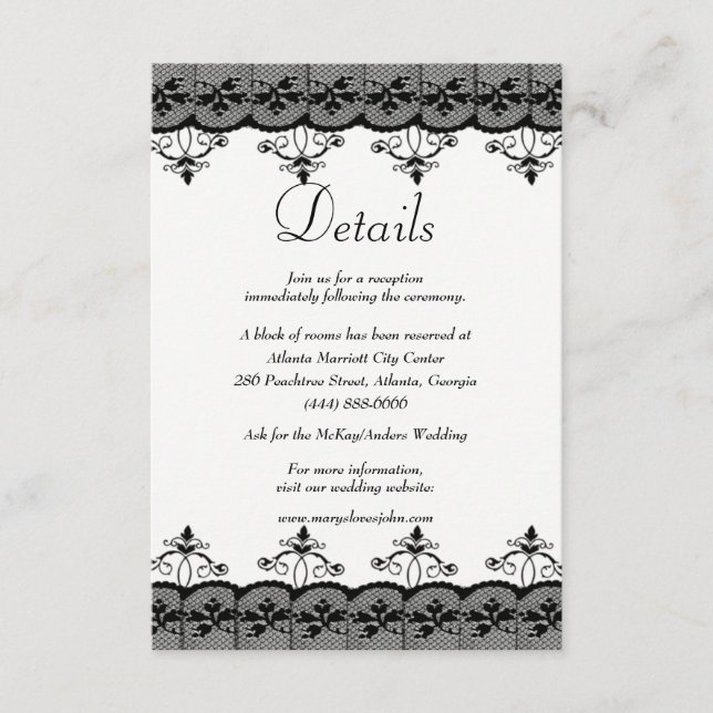 Klassische Elegante Black Lace Hochzeitdetails Begleitkarte (Vorderseite)