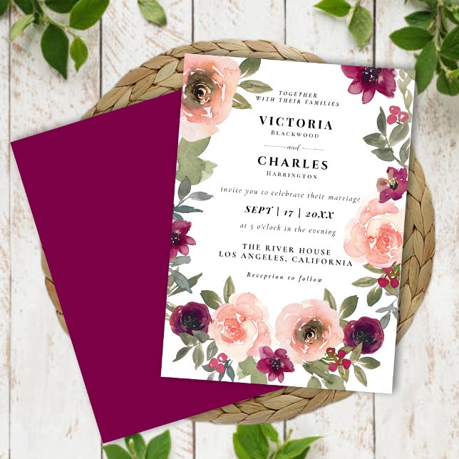 Klassische Elegante Blush Wasserfarben Hochzeit de Einladung (Classic Elegant Blush Watercolor Floral Wedding Invitation)