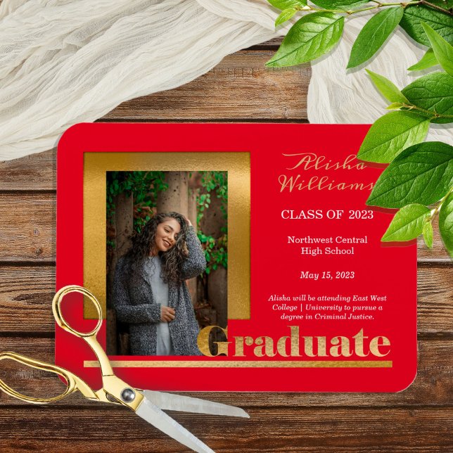 Klassische Elegante Gold Text Graduate 1 Foto Rot Magnet (Von Creator hochgeladen)