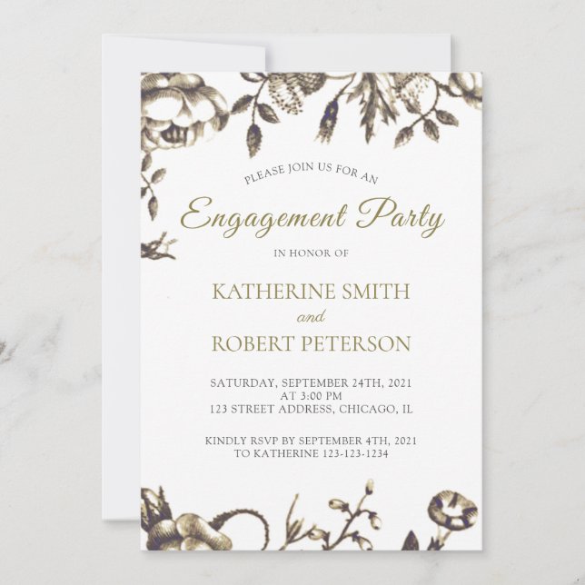 Klassische Elegante Gold Vintage Blume Verlobung Einladung (Vorderseite)