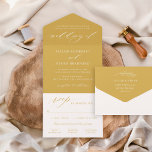 Klassische Elegante Goldene Hochzeit All In One Einladung<br><div class="desc">Klassisches und elegantes goldgelbes Gelb in einer Hochzeitseinladung ist eine einmalige Dreifach-Einladungs-Option, die sich selbst eingeschlossen, verschlossen und mit einer abnehmbaren UAWG-Postkarte an die Gäste verschickt, ohne Umschläge zu benötigen! Das Design zeichnet sich durch moderne Akzente in der Kalligraphie mit klassischer Typografie aus. Die Gastadresse kann auf der Rückseite eingeschlossen...</div>