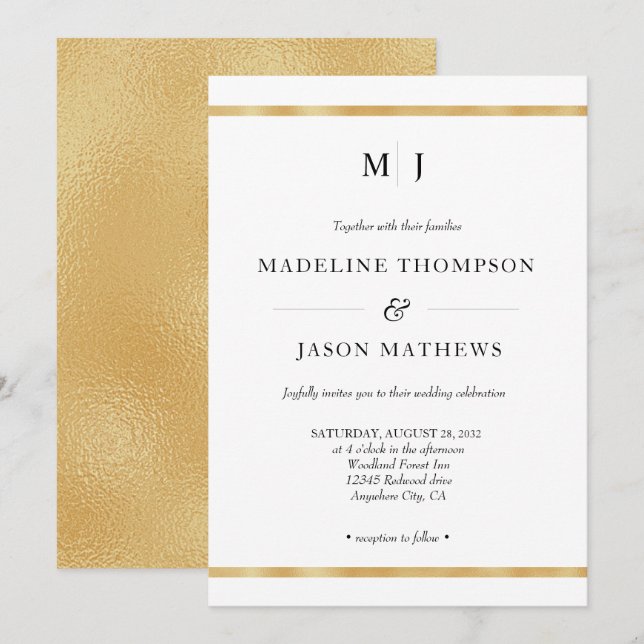 Klassische Elegante Ivory Gold Foil Monogram Weddi Einladung (Vorne/Hinten)