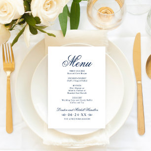 Klassische elegante navyblaue Hochzeit Menükarte