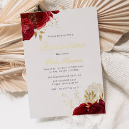 Klassische Elegante Rote Rose & Goldene Quinceaner Folieneinladung